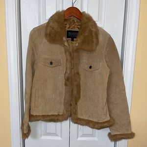 Wilsons Leather Pelle Studio Women’s Tan Leather Fur Trim Moto Bomber Jacket Lg